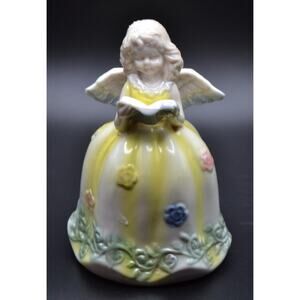 Hand Bell Angel Reading a Songbook with Flowered Dress - 5.5" Tall & 3.25" Diam